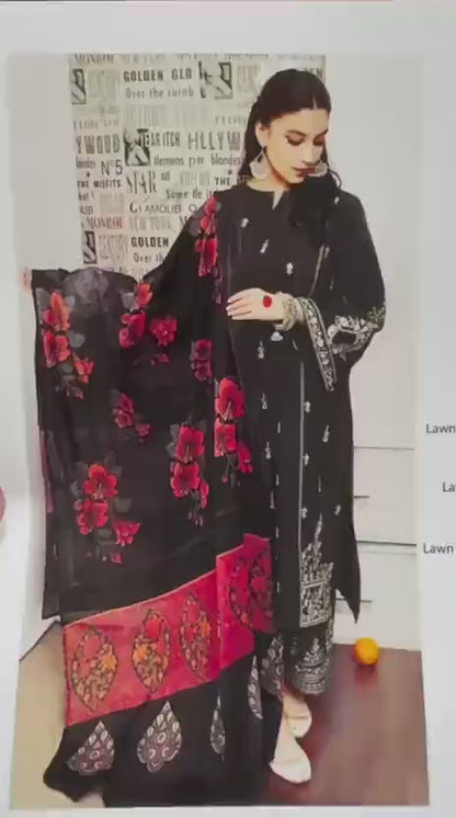 Black Embroidered Lawn 3Pcs Set for Women