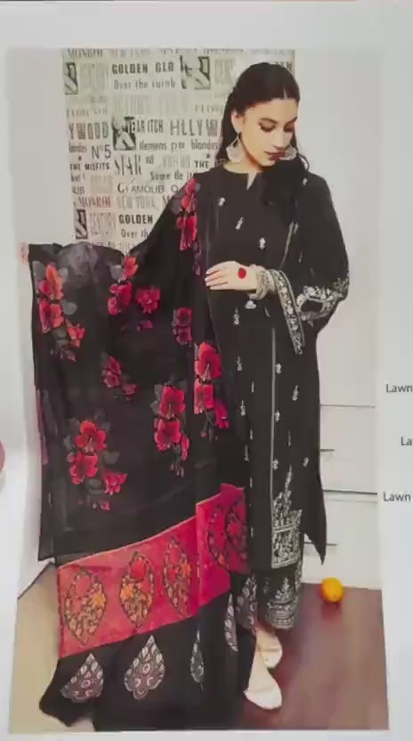 Black Embroidered Lawn 3Pcs Set for Women